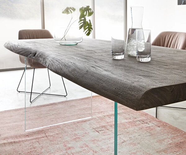 DELIFE Jedálenský stôl Edge 200x100 XL akácia platinové sklo Live-Edge