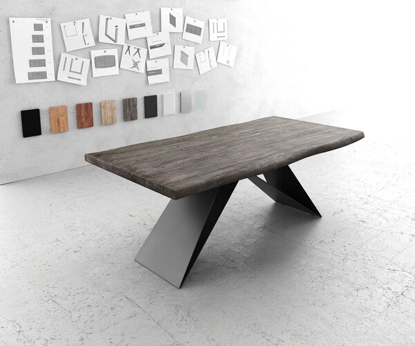 DELIFE Jedálenský stôl Edge 200x100 XL akácia platinová podstava v tvare V plochá oceľ čierna Live-Edge