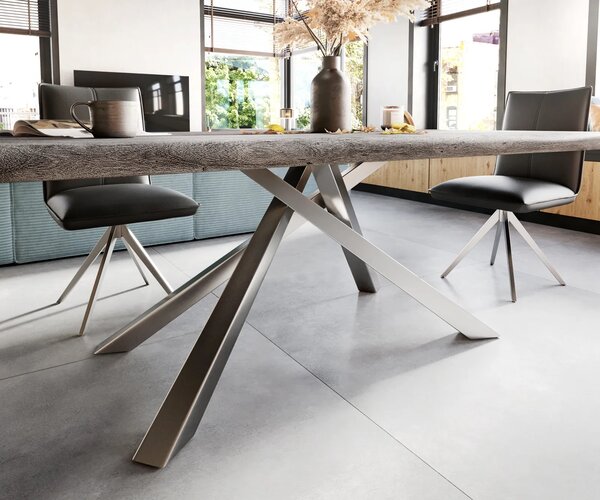 DELIFE Jedálenský stôl Edge 200x100 XL akácia platinová krížová podstava obdĺžnik nerezová oceľ Live-Edge