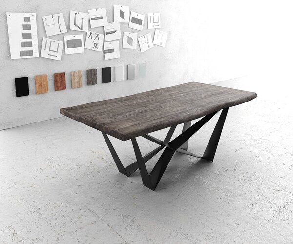 DELIFE Jedálenský stôl Edge 200x100 XL akácia platinová pavúk plochá oceľ čierna Live-Edge