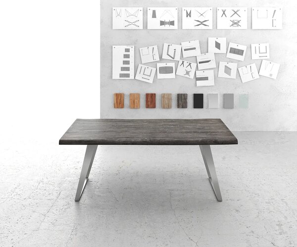 DELIFE Jedálenský stôl Edge 200x100 cm XL akácia platinová nerezová oceľ strieborná skosený Live-Edge