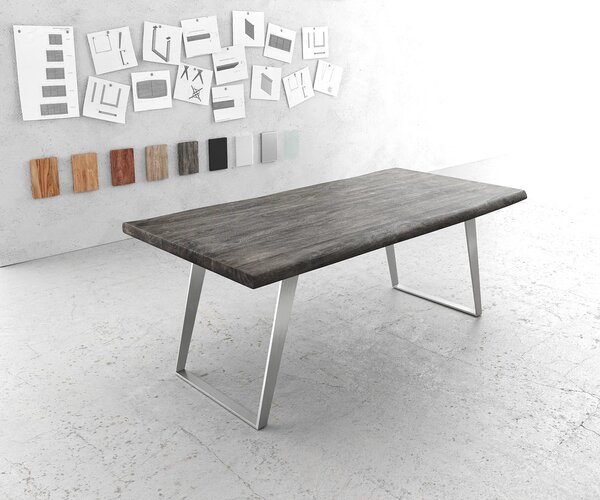 DELIFE Jedálenský stôl Edge 200x100 cm XL akácia platinová nerezová oceľ strieborná skosený Live-Edge