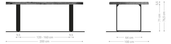 DELIFE Jedálenský stôl Edge 200x100 XL akácia platinová nerezová oceľ úzky Live-Edge