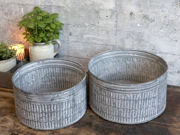2ks dekoračné plechové zinkové antik obaly na kvetináče - Ø 29*15 cm - Chic Antique