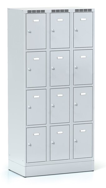 Šatníková skrinka S6 na sokli s úložnými boxami, 12 boxov, 1920 x 900 x 500 mm, cylindrický zámok, sivé dvere