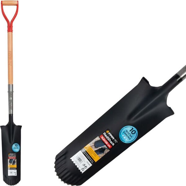 Rýľ Strend Pro Premium RedShark, úzky, drenážny, s drevenou násadou D 1280 mm