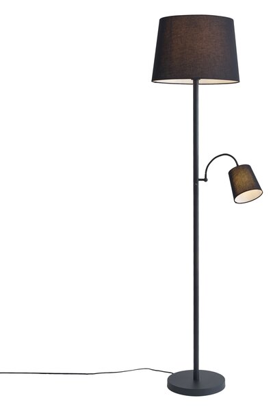 Klasická stojaca lampa čierna s čiernym tienidlom a lampou na čítanie - Retro