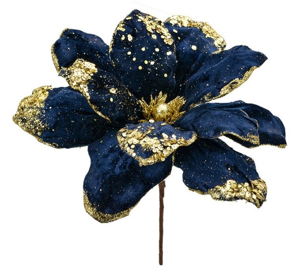 Modro-zlatá dekorácia kvetina vianočná hviezda Poinsettia - Ø 24*27 cm - Clayre & Eef