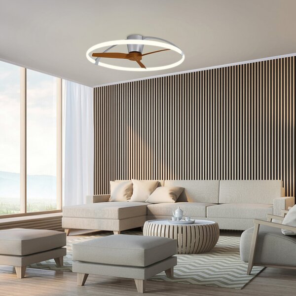 Inteligentný stropný ventilátor LED Nepal, strieborný/orechový – Mantra Mantra Iluminación, Nepal, stmievateľné, Drevo, Obývacia izba, Kov, Moderný