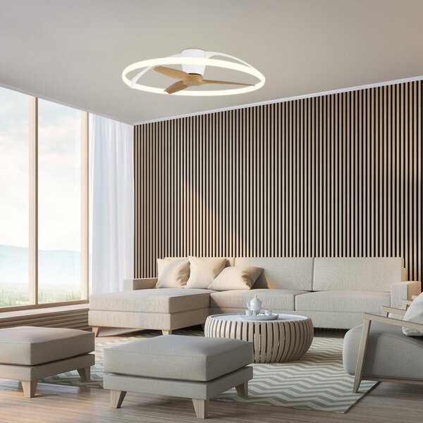 Inteligentný stropný ventilátor LED Nepal, biela/buk, DC – Mantra Mantra Iluminación, Nepal, stmievateľné, Drevo, Obývacia izba, Kov, Moderný