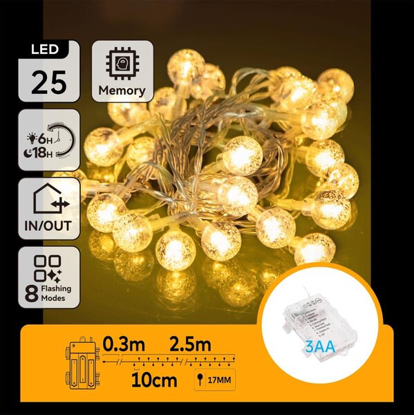 Aigostar - LED Vonkajšia svetelná reťaz 25xLED/3xAA/8 funkcií 2,8 m IP44 teplá biela