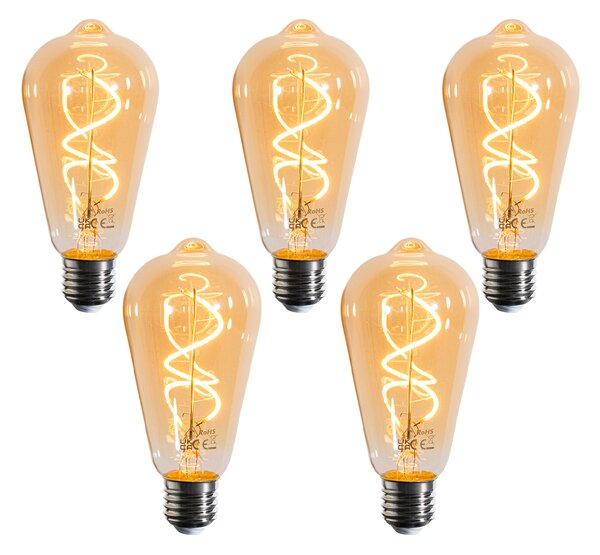Sada 5 stmievateľných LED žiaroviek E27 so špirálovým vláknom ST64 zlatá 4W 270 lm 2100K