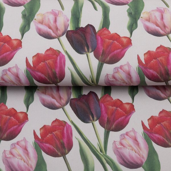 Dekoračná látka Terra TRA-001 Tulipány na dymovo sivom - šírka 150 cm