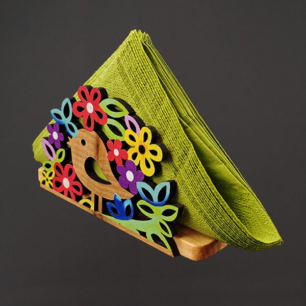 AMADEA Drevený stojanček na obrúsky s vtáčikom farebný, masívne drevo, 12,5x6,5x3,5 cm
