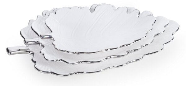 Dekorstudio Keramická dekoračná miska ALMA 30x14cm v tvare listu so strieborným okrajom - biela