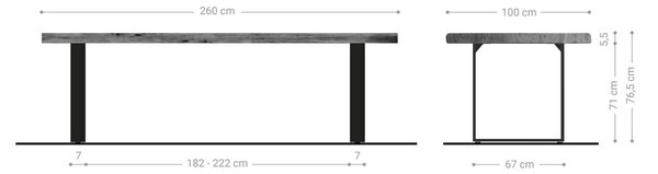 DELIFE Jedálenský stôl Edge 260x100 XL akácia platinová kov úzky čierna Live-Edge