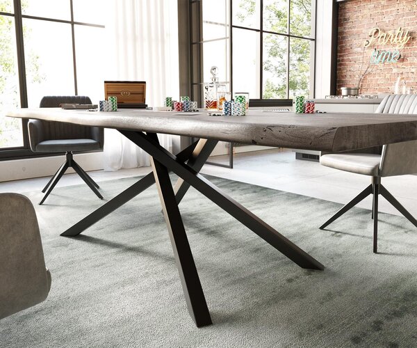 DELIFE Jedálenský stôl Edge 260x100 XL akácia platinová krížová podstava obdĺžnik čierna Live-Edge