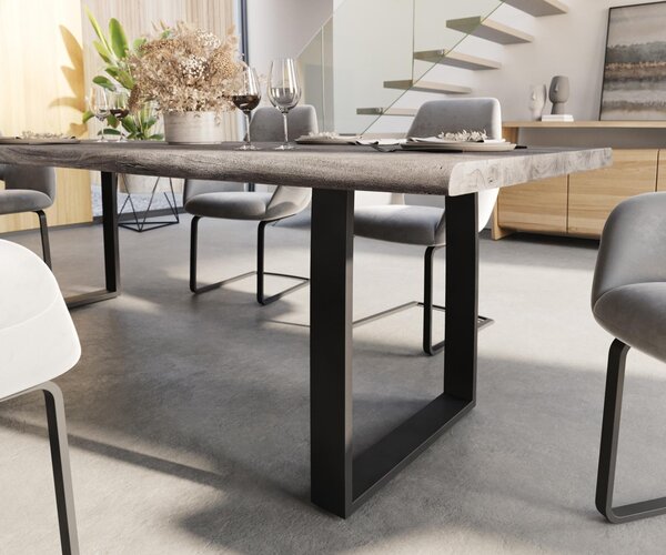 DELIFE Jedálenský stôl Edge 260x100 XL akácia platinová kov úzky čierna Live-Edge