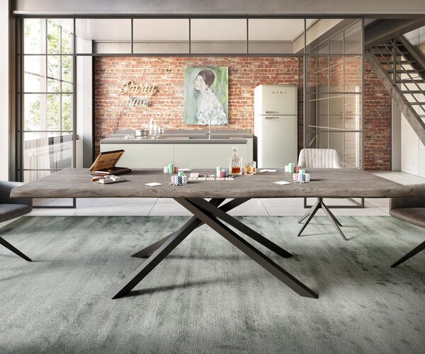 DELIFE Jedálenský stôl Edge 260x100 XL akácia platinová krížová podstava obdĺžnik čierna Live-Edge