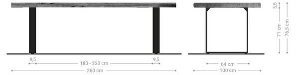 DELIFE Jedálenský stôl Edge 260×100 XL akácia platinová nerezová oceľ úzky Live-Edge