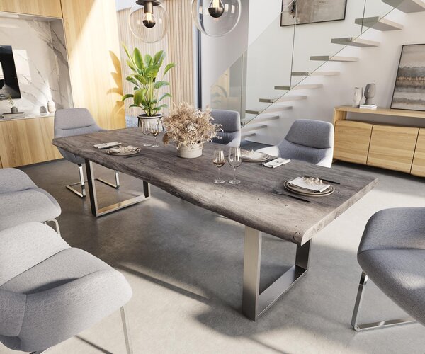 DELIFE Jedálenský stôl Edge 260×100 XL akácia platinová nerezová oceľ úzky Live-Edge