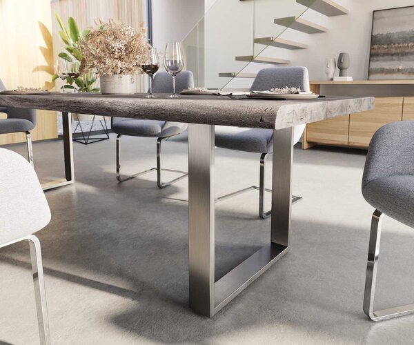 DELIFE Jedálenský stôl Edge 260×100 XL akácia platinová nerezová oceľ úzky Live-Edge