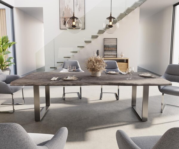 DELIFE Jedálenský stôl Edge 260×100 XL akácia platinová nerezová oceľ úzky Live-Edge