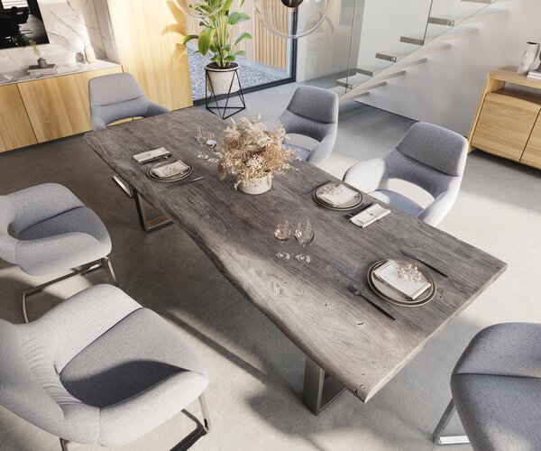 DELIFE Jedálenský stôl Edge 260×100 XL akácia platinová nerezová oceľ úzky Live-Edge