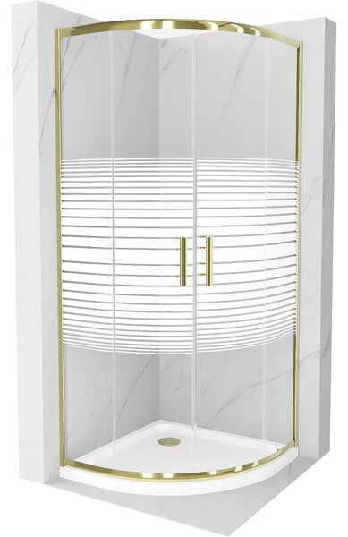Mexen Rio sprchový kút polkruhový 80 x 80 cm, biele pásy, zlatý + sprchová vanička Flat, biela - 863-080-080-50-20-4110G