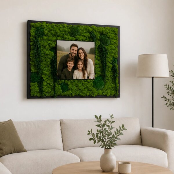 Machový obraz s fotorámom - kopcovitý s lišajníkom + amaranthus
