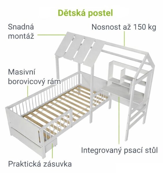 Biela detská posteľ domček s úložným priestorom a stolom