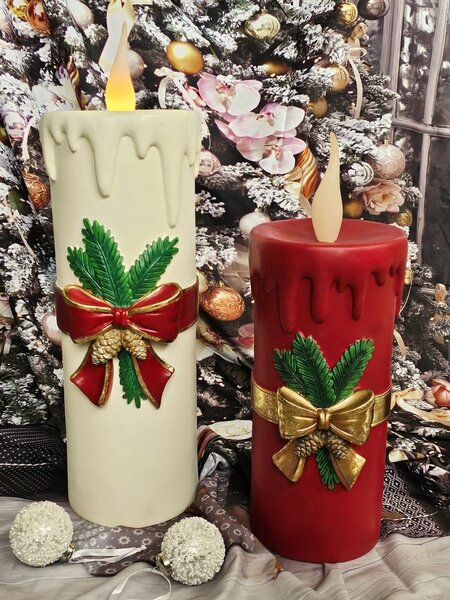 Červená vianočná sviečka so zlatou mašľou Led Candle - 17*18*44 cm / 3*AA - Clayre & Eef
