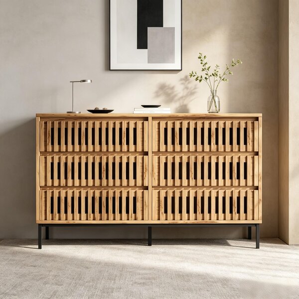 Komoda s 6 zásuvkami, rozmer 120x40x81 cm, vyrobená z MDF a drevotriesky v drevenom dekore, vhodná do obývačky, spálne a predsiene, s dizajnom imitujúcim mriežku