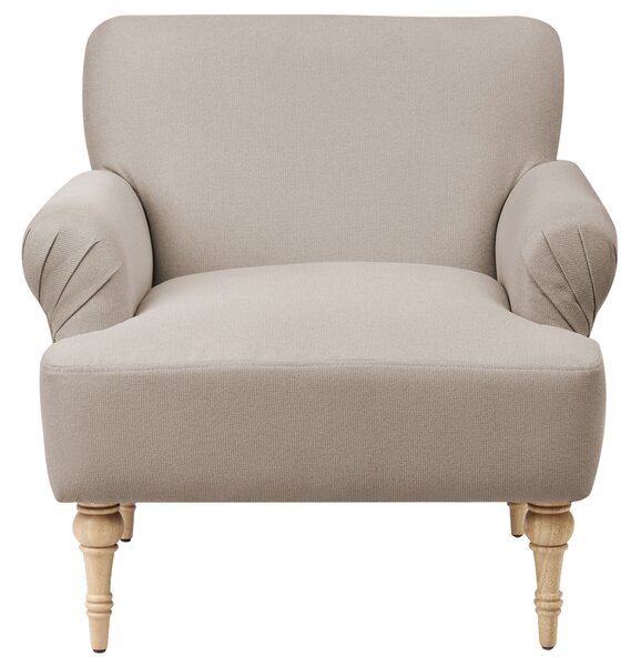 Kreslo sivobéžové polyester látkové čalúnenie vodoodpudivá tkanina nohy z kaučukového dreva retro minimalistický štýl obývačka