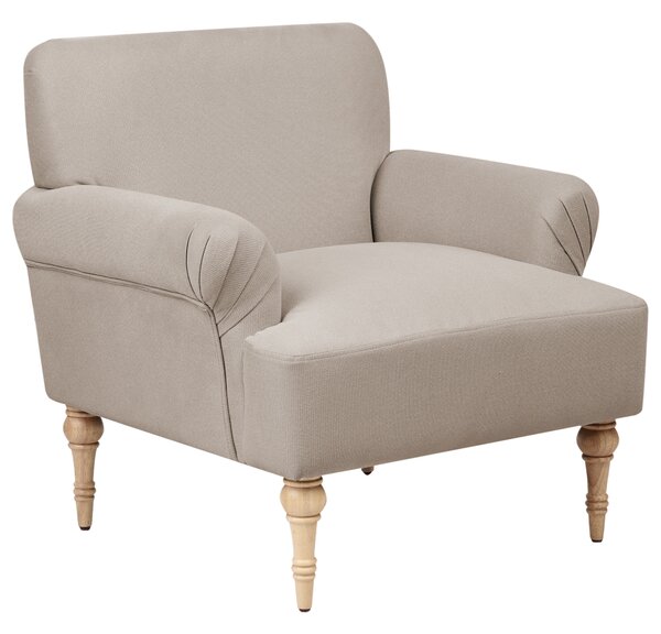 Kreslo sivobéžové polyester látkové čalúnenie vodoodpudivá tkanina nohy z kaučukového dreva retro minimalistický štýl obývačka