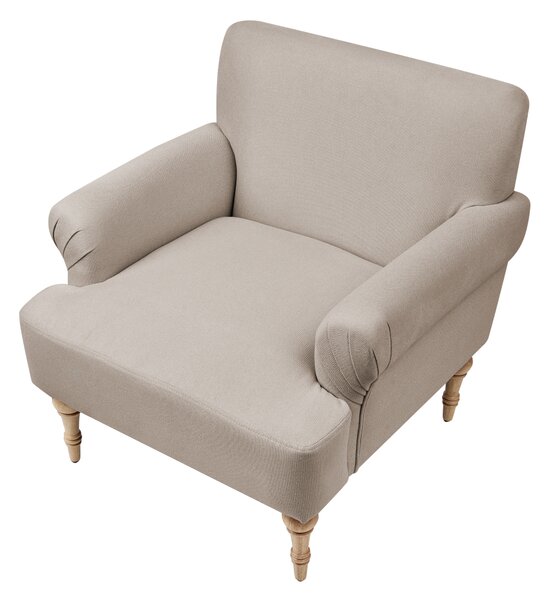 Kreslo sivobéžové polyester látkové čalúnenie vodoodpudivá tkanina nohy z kaučukového dreva retro minimalistický štýl obývačka