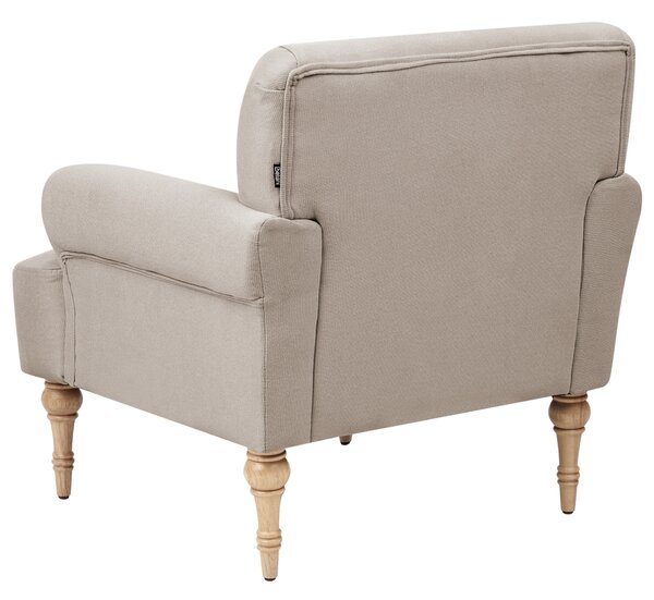Kreslo sivobéžové polyester látkové čalúnenie vodoodpudivá tkanina nohy z kaučukového dreva retro minimalistický štýl obývačka