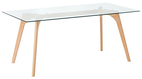 Jedálenský stôl priehľadný svetlé drevo sklenená vrchná doska drevené nohy 180 x 90 cm obdĺžnikový tvar škandinávsky štýl jedáleň kuchyňa
