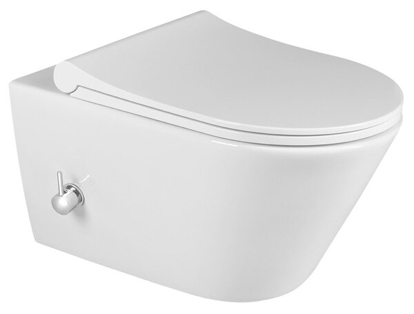 Sapho Sapho, AVVA PORTO závesná WC misa Rimless, integrovaná batéria a bidetová spŕška 35,5x53 cm, biela, 100315