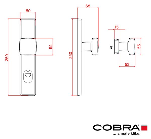 Bezpečnostné kovanie COBRA TOWER s prekrytkou a hranatou kľukou (F9 - nerezový elox), kľučka-kľučka, Otvor na cylindrickú vložku PZ, COBRA F9 (nerezový elox), 72 mm