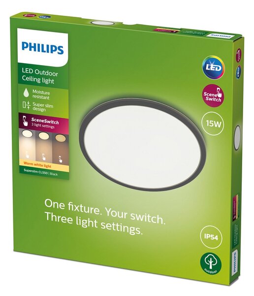Stropné Lampa Philips, Superslim, stmievateľné, Čierna, Kúpeľňa, Kov