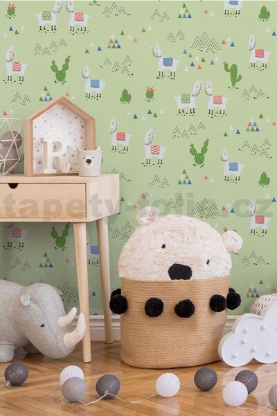 Vliesové tapety na stenu Boys & Girls 36985-2, rozmer 10,05 m x 0,53 m, alpaky na zelenom podklade, A.S. Création