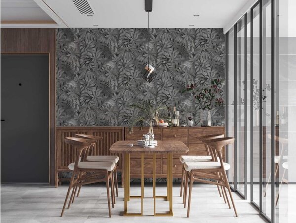 Vliesové tapety na stenu Pint Walls 38720-3, rozmer 10,05 m x 0,53 m, tropické listy sivé na čiernom podklade, A.S. Création