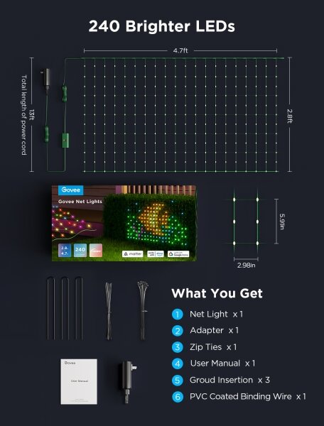 Govee - LED RGBIC Vonkajšia svetelná sieť 143x85cm Wi-Fi Matter IP65