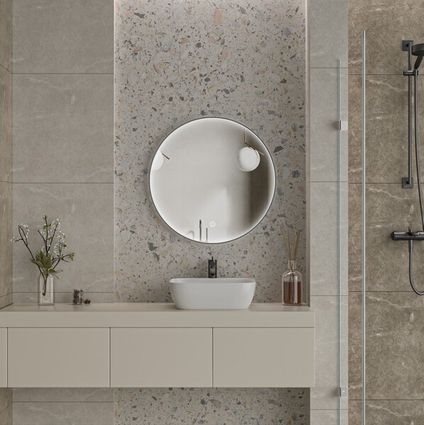 Erga Charlotte, okrúhle LED zrkadlo 70cm, čierny kovový rám, 1610 lm, 6500K, predné bočné osvetlenie, ERG-V01-204-7070-BK
