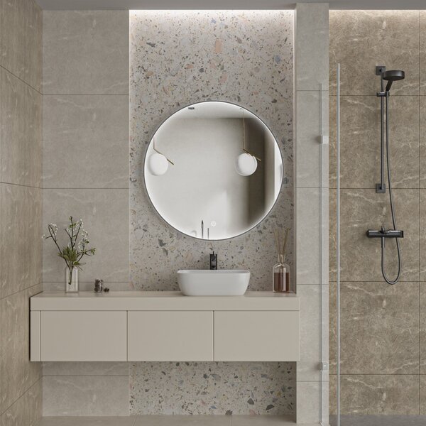Erga Charlotte, okrúhle LED zrkadlo 90cm, čierny kovový rám, 2070 lm, 6500K, predné bočné osvetlenie, ERG-V01-204-9090-BK