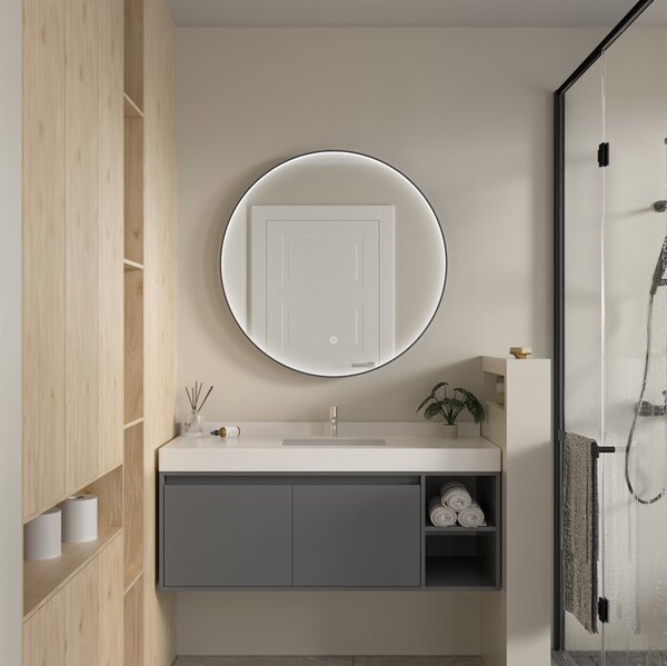 Erga Charlotte, okrúhle LED zrkadlo 90cm, čierny kovový rám, 2070 lm, 6500K, predné bočné osvetlenie, ERG-V01-204-9090-BK