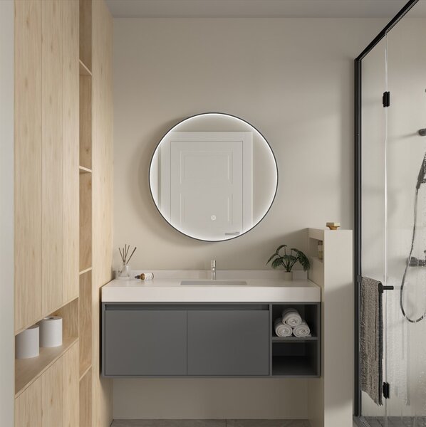 Erga Charlotte, okrúhle LED zrkadlo 80cm, čierny kovový rám, 1840 lm, 6500K, predné bočné osvetlenie, ERG-V01-204-8080-BK