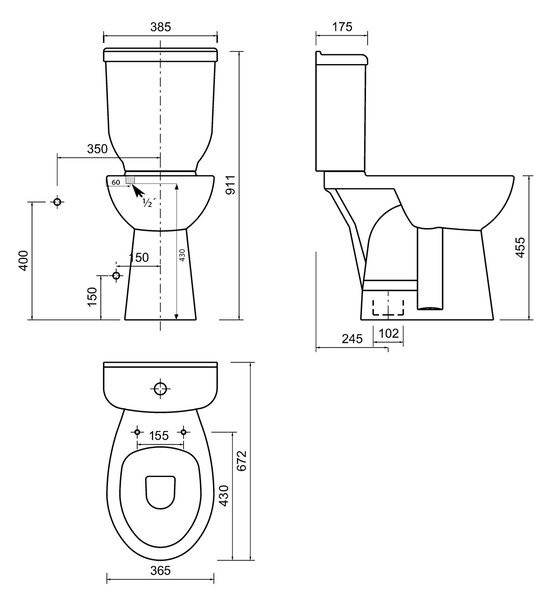 CREAVIT CREAVIT, HANDICAP misa WC, spodný odpad, 36,5x67,2cm, biela, BD305