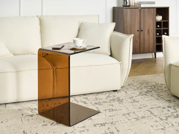 Odkladací stolík hnedý polopriehľadný bezpečnostné sklo 40 x 61 cm obdĺžnikový tvar konzolový moderný glamour štýl obývačka